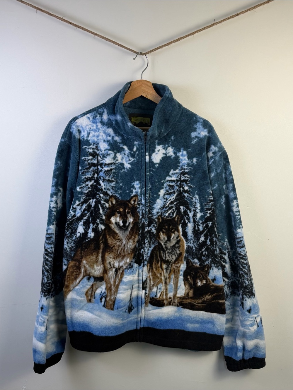 [Vintage] Wolf Print Full-Zip Fleece Jacket XL